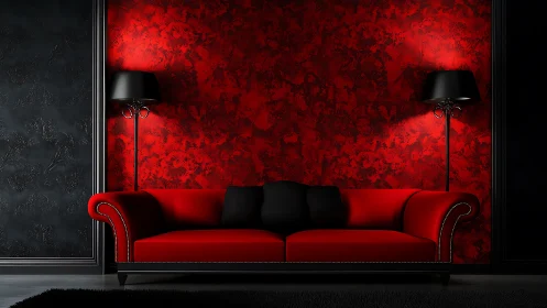 Red sofa against textured red wall with black side lamps.