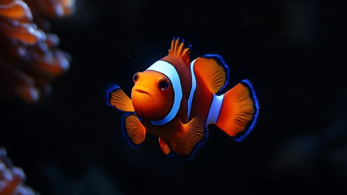 Vivid clownfish portrait in luminous deep-sea contrast.