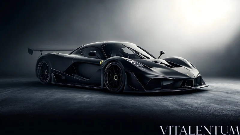 Sleek black hypercar rests in a calm, softly lit studio space