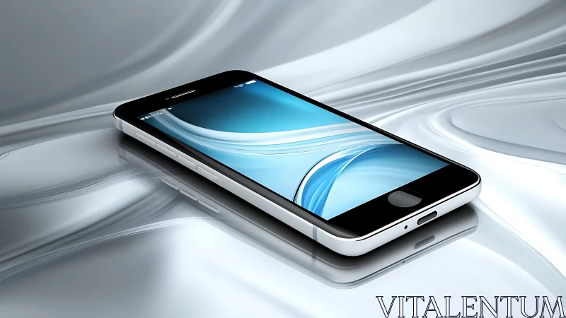 Modern smartphone on reflective silver fluid surface.