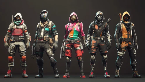 Hooded neon mercenary squad lined up for urban mayhem.