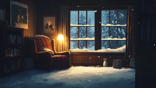 Interior scene shows snow-filled room with window view