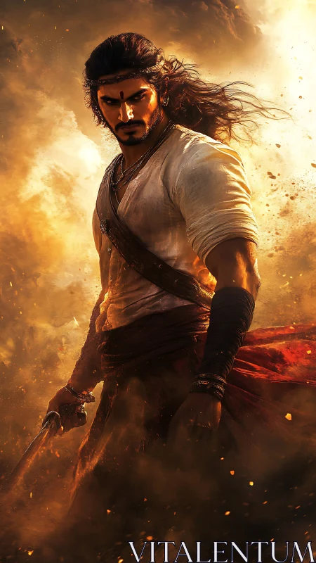 Warrior stands amid dense smoke and directional firelight