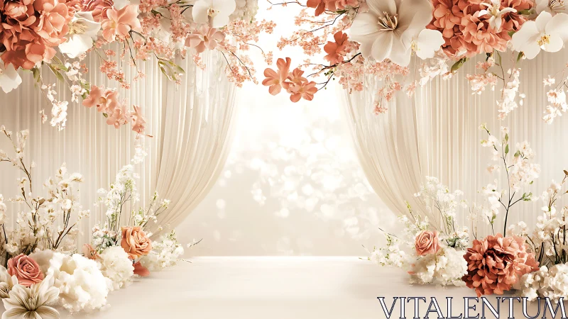Soft floral archway backdrop with peach white blossoms.