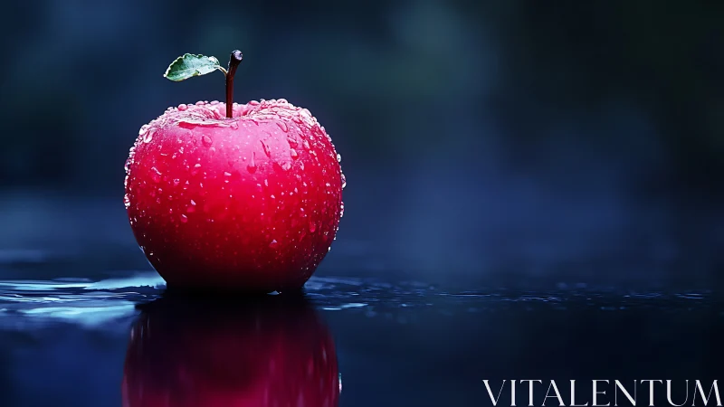 Red apple with water droplets on reflective surface at night.