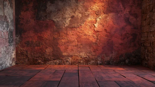 Old textured red room interior with worn brick walls.