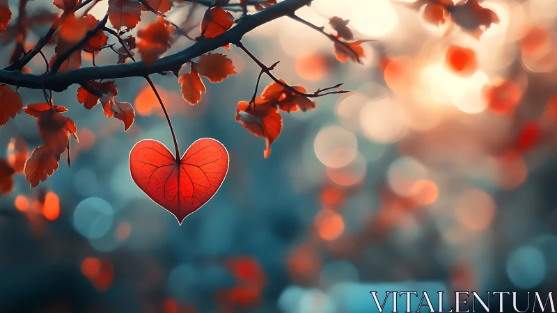 Red Heart-Shaped Leaf Suspended Among Autumn Foliage.