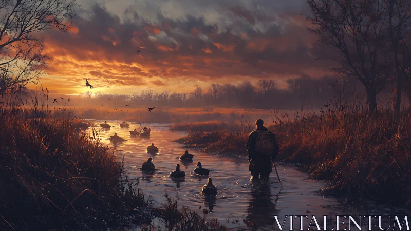 Hunter wading through duck-filled marsh at blazing dawn.