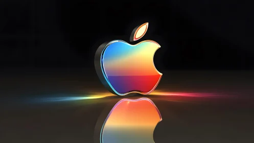 Vibrant 3D Apple Logo with Rainbow Reflection, Modern Digital Art.