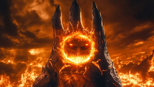 Fiery demonic entity framed by molten crown in flames.