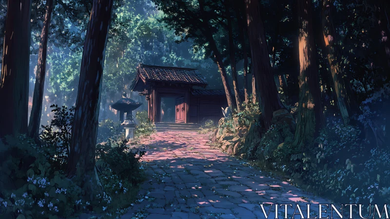 Sunlit forest path leading to tranquil wooden temple gate.