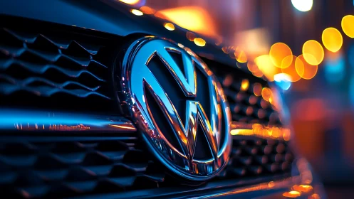 Chrome car emblem basking in neon city bokeh glow.