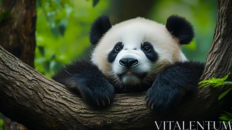 Young giant panda resting on tree branch in forest.