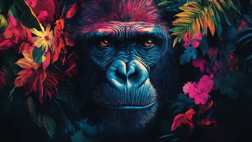 Bioluminescent gorilla portrait framed by neon tropical flora