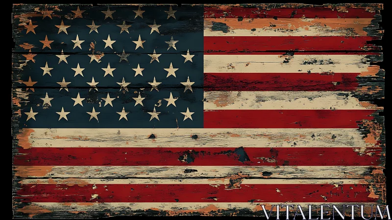 Weathered American flag rendered on distressed wood planks.