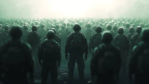 Silhouetted soldiers stand before vast mistlit formation