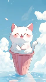 Sunny sky kitten perched in a pastel pink cup of joy.