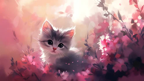 Kitten portrait with soft pink florals rendered in digital painting