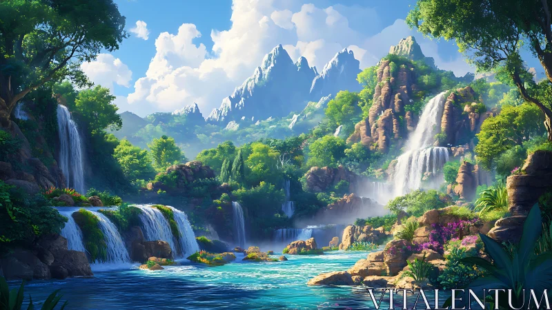 Waterfalls braid turquoise light through a secret valley