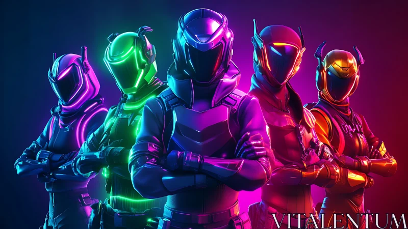 Neon-armored cyber squad under tri-color rim lighting stands aligned