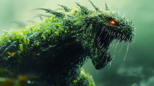 Bioluminescent moss-dragon with coralized armor in misted swamp.