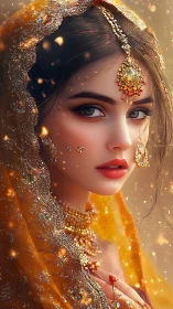 Portrait of woman in ornate yellow veil and jewelry.