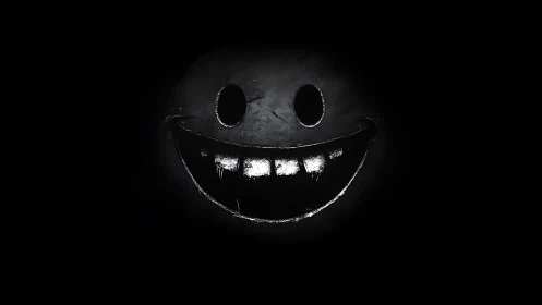 Monochrome cracked smiley face rendered with harsh specular lighting