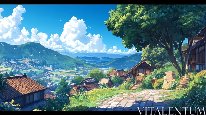 Sunlit hillside village dreaming above emerald valley skies.