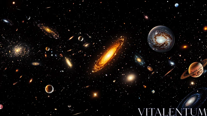 Multi-galaxy starfield with varied planets and nebulae.