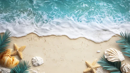 Shoreline shells and starfish beside foaming turquoise surf.