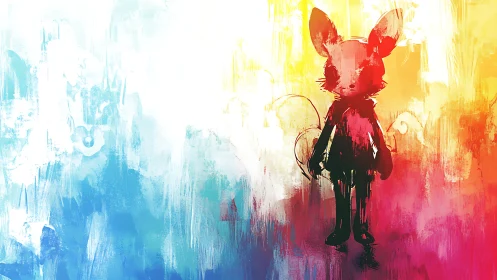 Digital painting silhouette with prismatic gradient field backdrop.