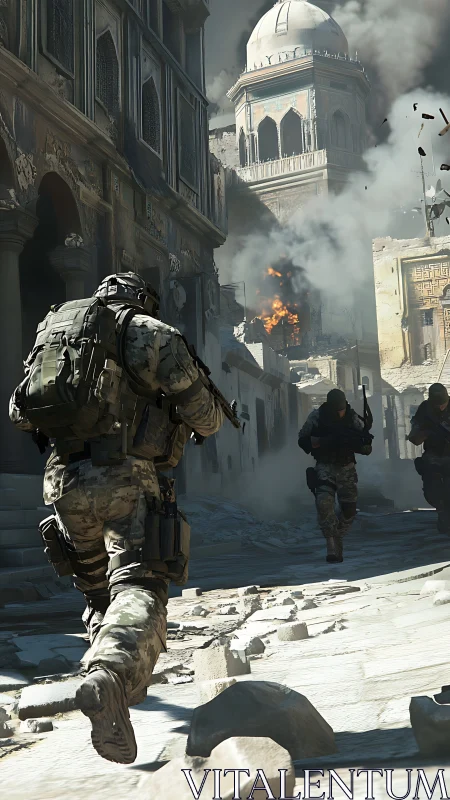 Soldiers advance through a damaged urban street under fire