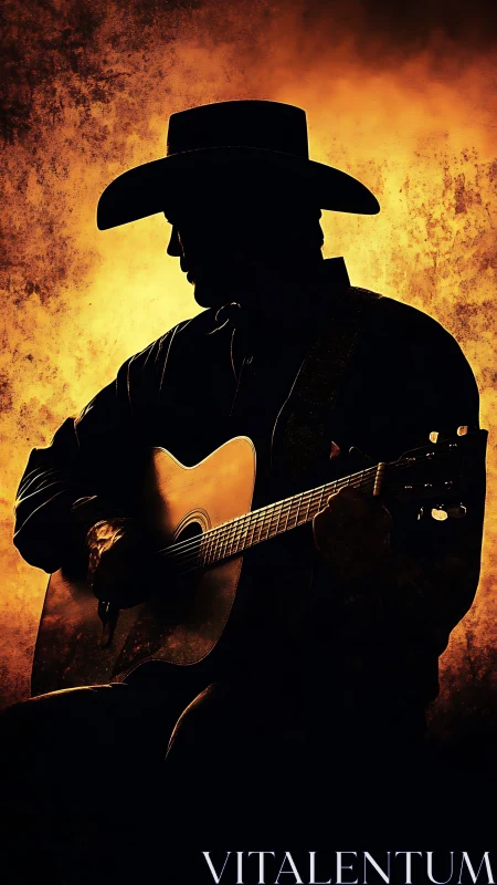Cowboy guitarist silhouette against blazing sunset backdrop.