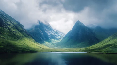 Mist-covered green mountains reflected in calm lake surface.