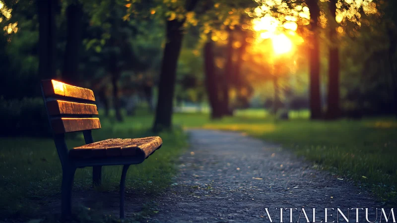 Golden park bench at sunset along a quiet winding path.
