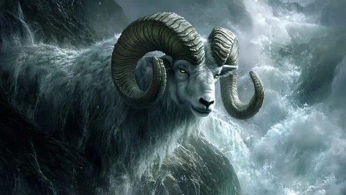 Mythic ram in storm-surge environment, dynamic digital painting.