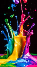 Multicolored liquid paint splashes upward against black background