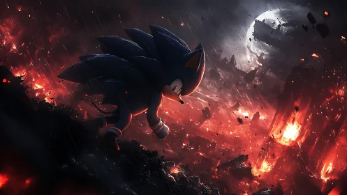 Sonic silhouette strides through a burning apocalyptic cityscape.