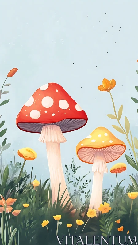 Whimsy-capped forest mushrooms bask in a soft spring meadow.