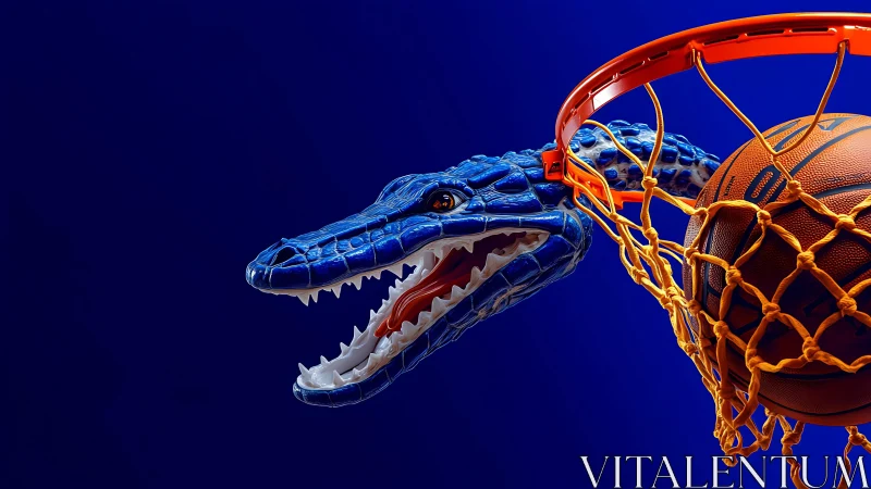 Blue reptilian basketball mascot biting rim with orange net