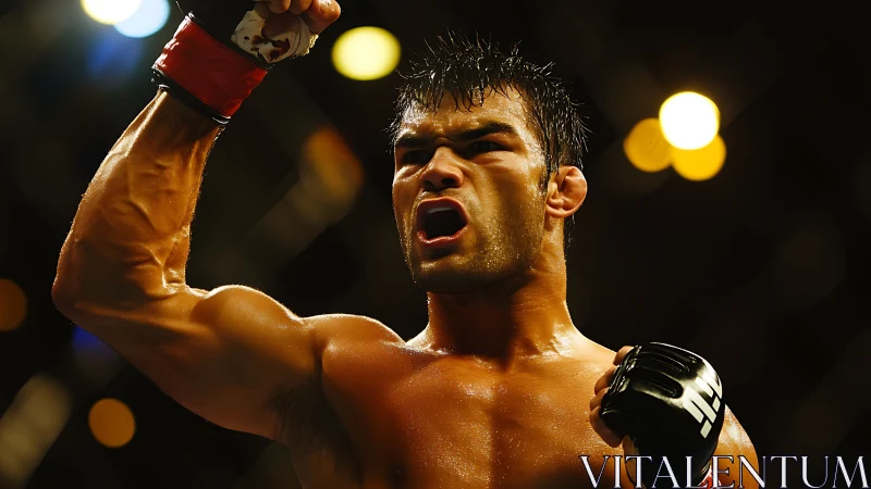 MMA fighter celebrates victory with raised gloved fist under lights.