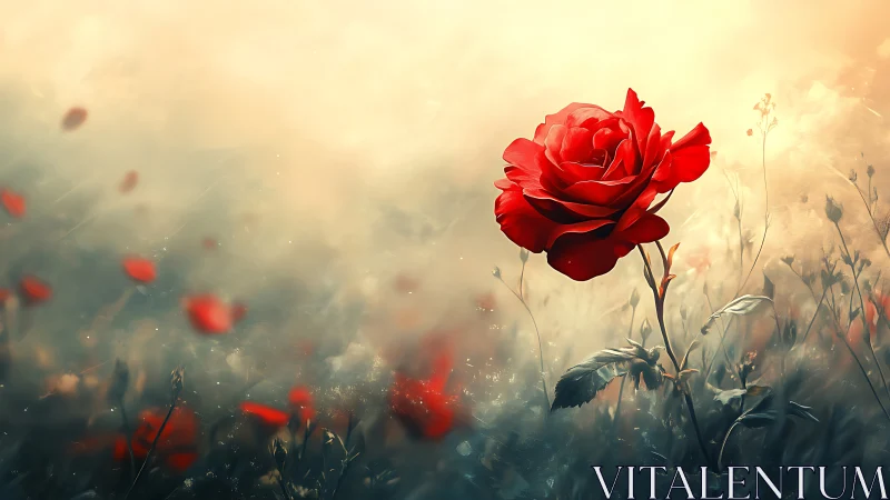 Red Rose in Misty Field - Digital Illustration.
