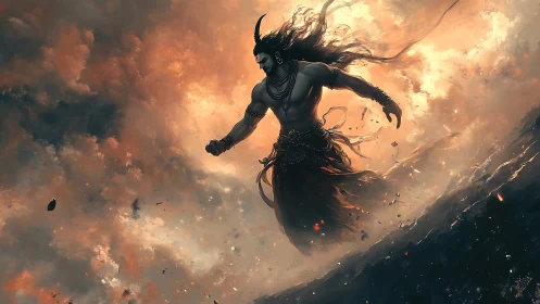 Mythic storm deity ascending through turbulent incandescent clouds.