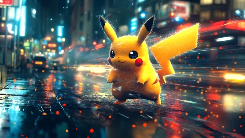 Electric creature stands on wet city street at night