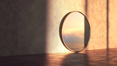 Round wall mirror reflects soft sunset seascape glow.
