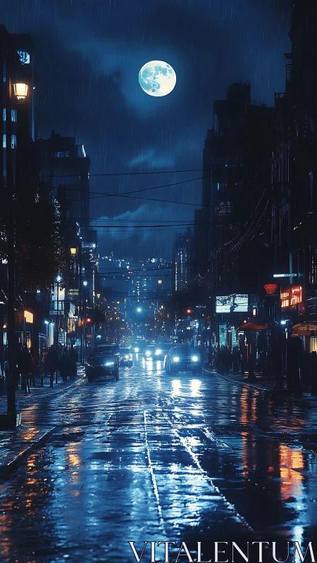 Rainy city street at night under full moon glow.