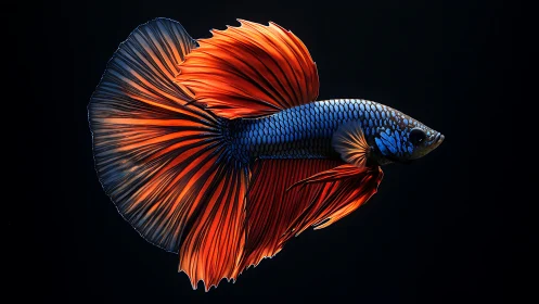 Vibrant betta fish displays flowing orange fins in black water
