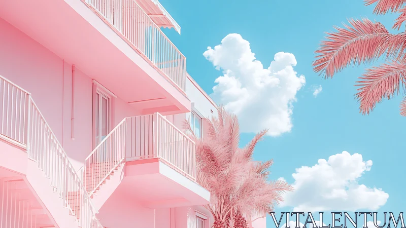 Pastel modern apartment with pink palms under blue sky.