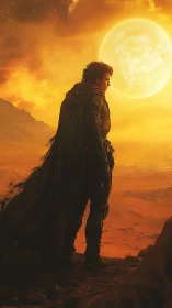 Cloaked figure on desert ridge before large glowing sun.