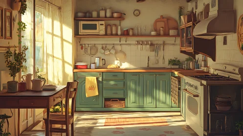 Sunlit rustic kitchen interior in warm digital painting style.